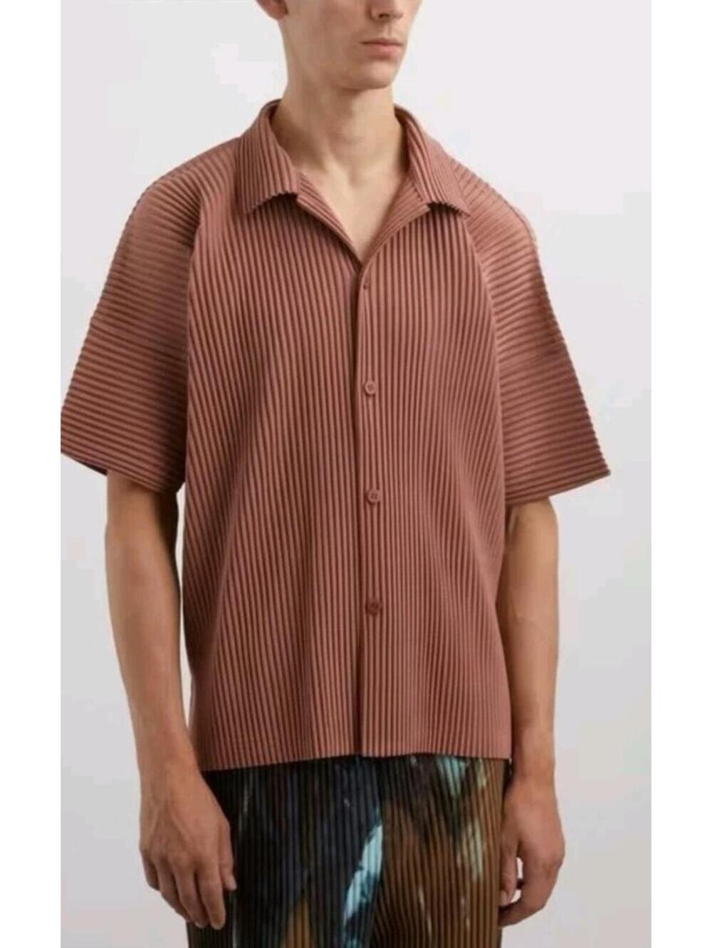Maniere De Voir Men's Pleated Shirt Top Brown Short Sleeve L/XL Stretch